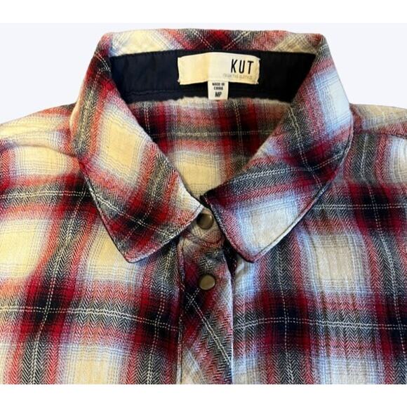 Kut From The Kloth Shirt Womens Medium Plaid Pearl Snap Roll Tab Equestrian - Picture 3 of 5